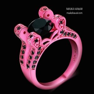 Pink & Black Cubic Zirconia Modern Retro New Vintage Rhodium Plated Ring Size 7